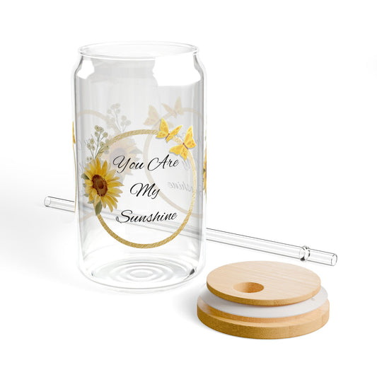 You Are My Sunshine Glass, 16oz Sunflower and Butterfly Sipper Cup with Bamboo Lid & Straw, Gift for Her, Summer Iced Coffee Glass