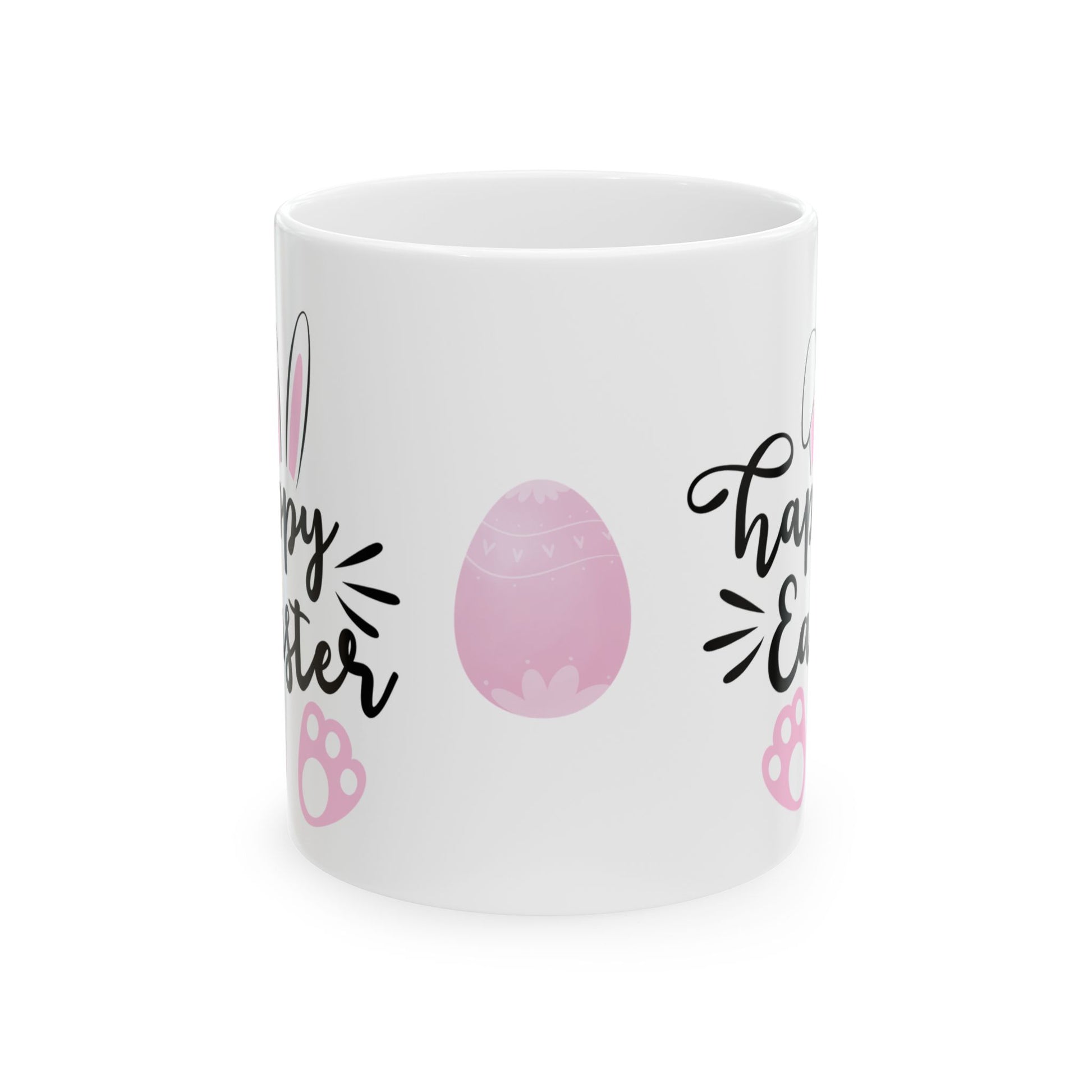 Adorable Happy Easter bunny mug with cute ears & paw prints.