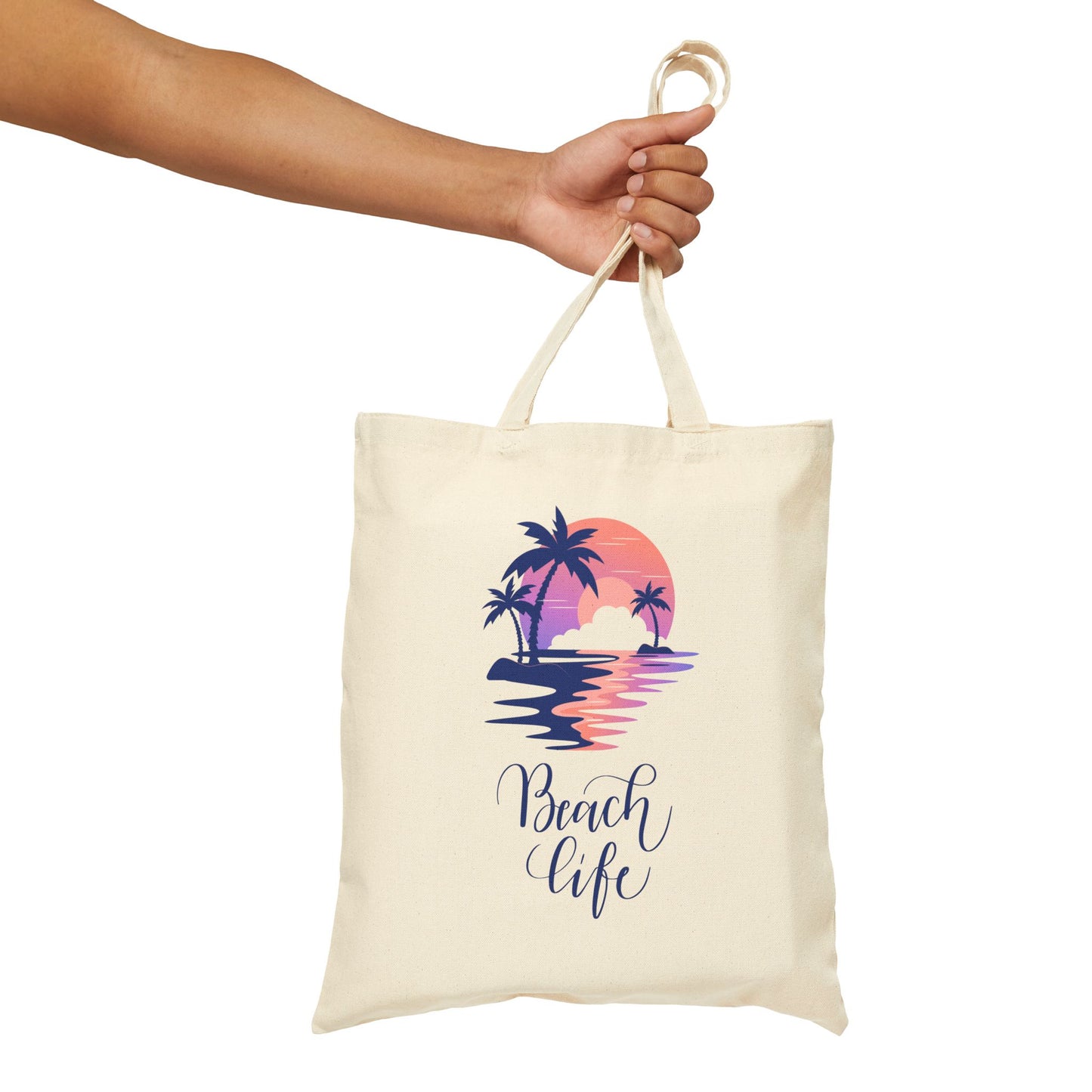 Beach Life Cotton Canvas Tote Bag – Coastal Palm Sunset Design