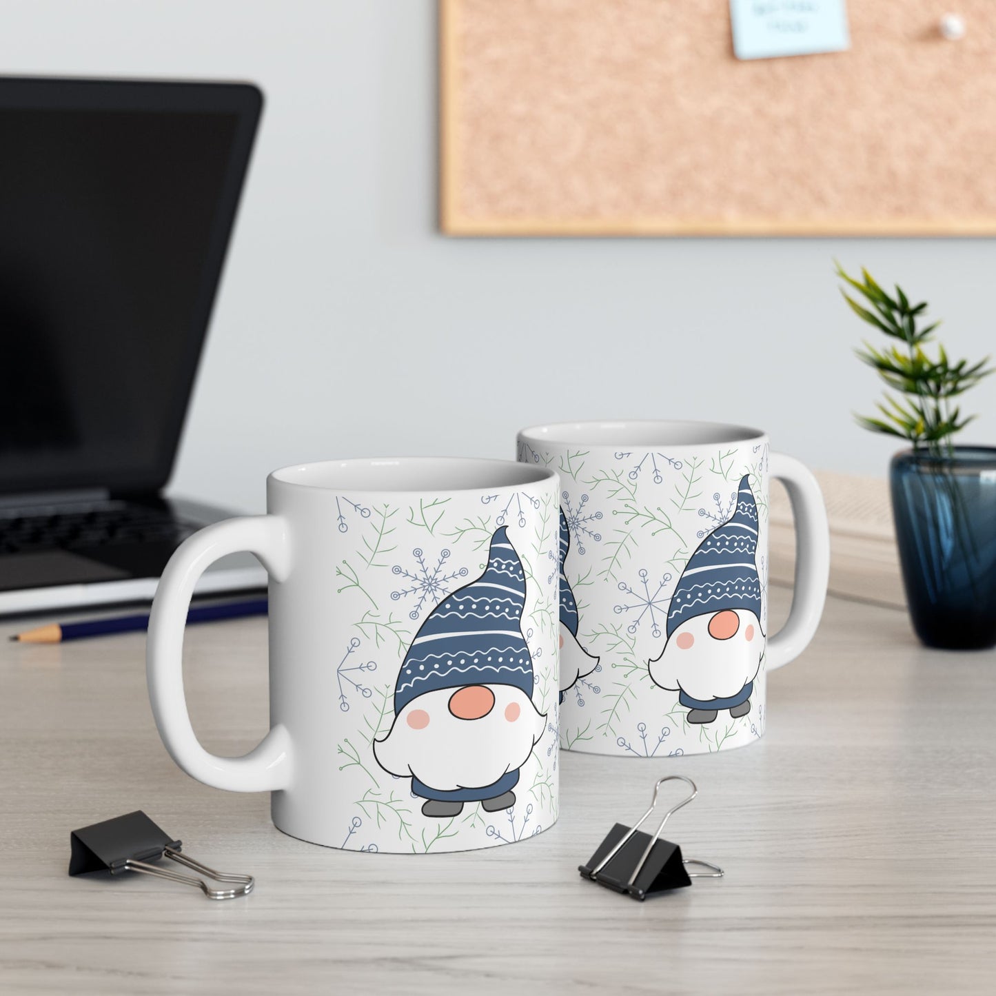 Blue Gnome Winter Mug, Snowflake Ceramic Coffee Cup, Cozy Christmas Gift, 11oz Holiday Gnome Mug