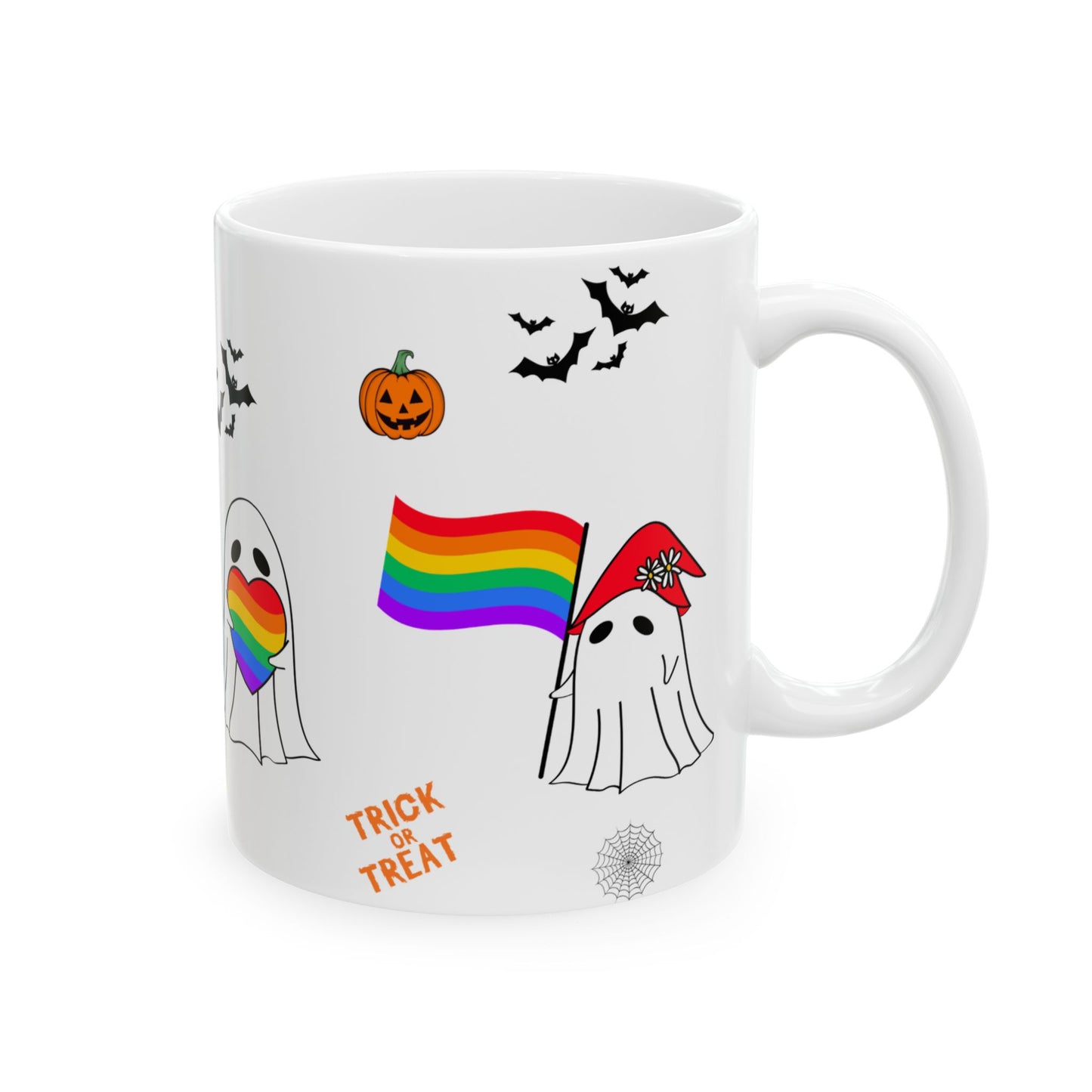 Pride Halloween Ghost Ceramic Mug, LGBTQ Coffee Mug, Rainbow Pride Tea Mug, 11oz, 15oz
