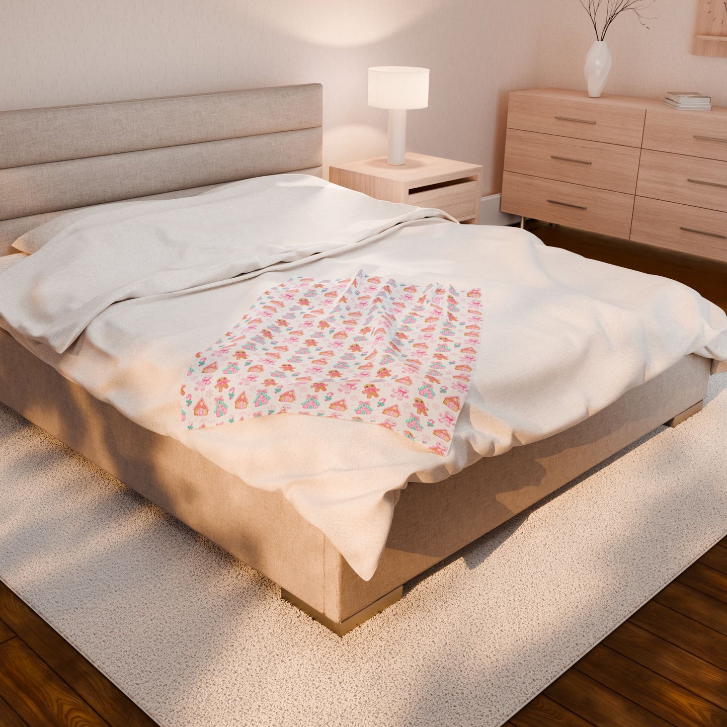 Pink Gingerbread Christmas Velveteen Plush Blanket, Holiday Cozy Soft Blanket, Great Holiday Gift, Gingerbread House Throw Bedding