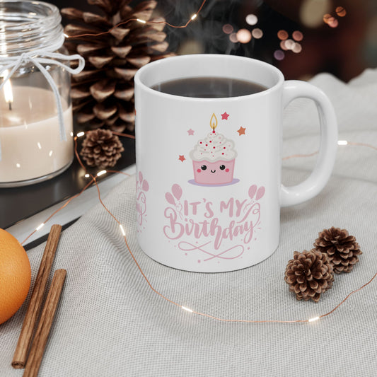Cute Pink Birthday Mug with Cupcake Design, Perfect Gift for Birthdays, Celebrations, and Parties, Ceramic Coffee Mug