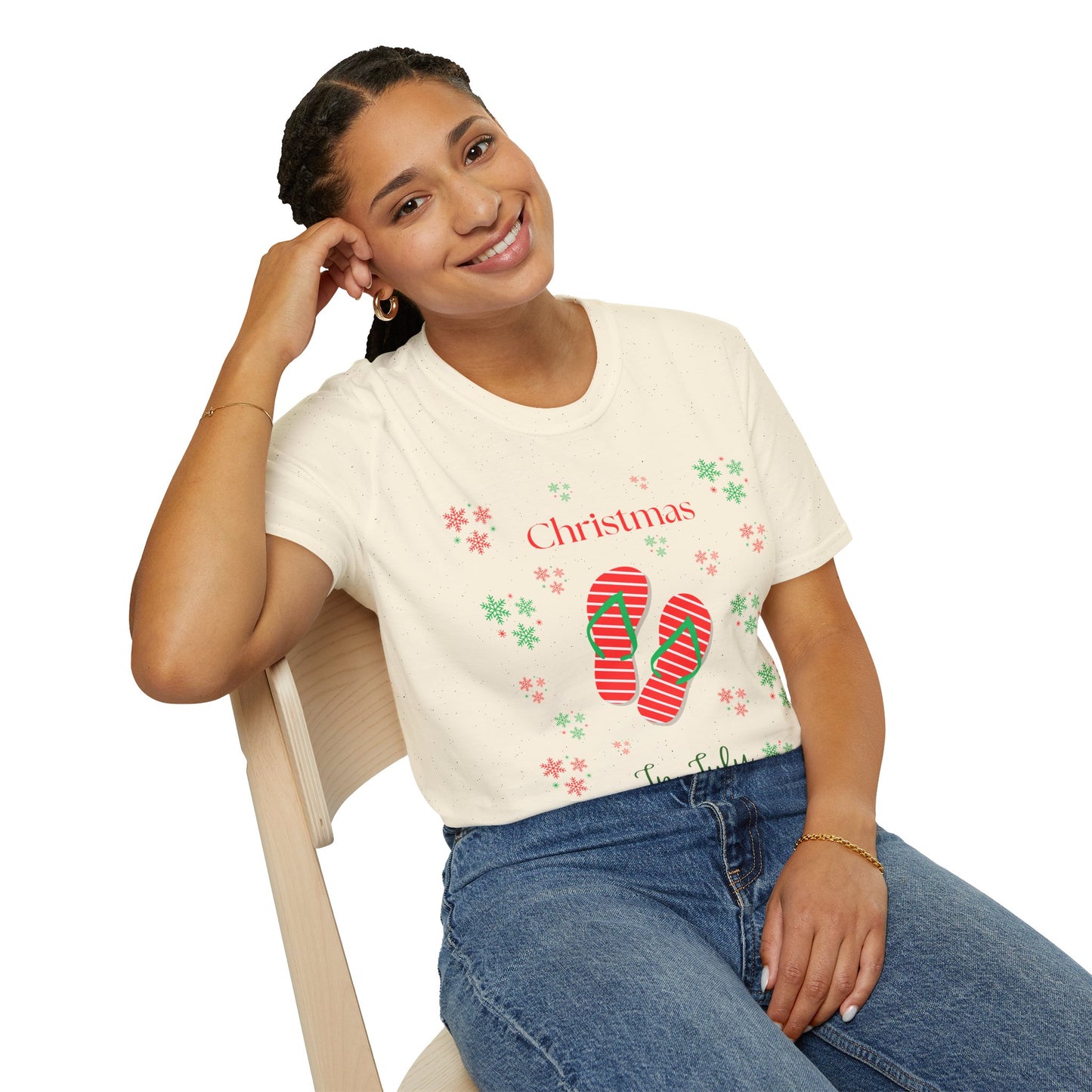 Christmas In July Softstyle T-Shirt, Holiday Apparel, Gift Idea, Summer Vibes, Casual Wear, Holiday Flip Flops