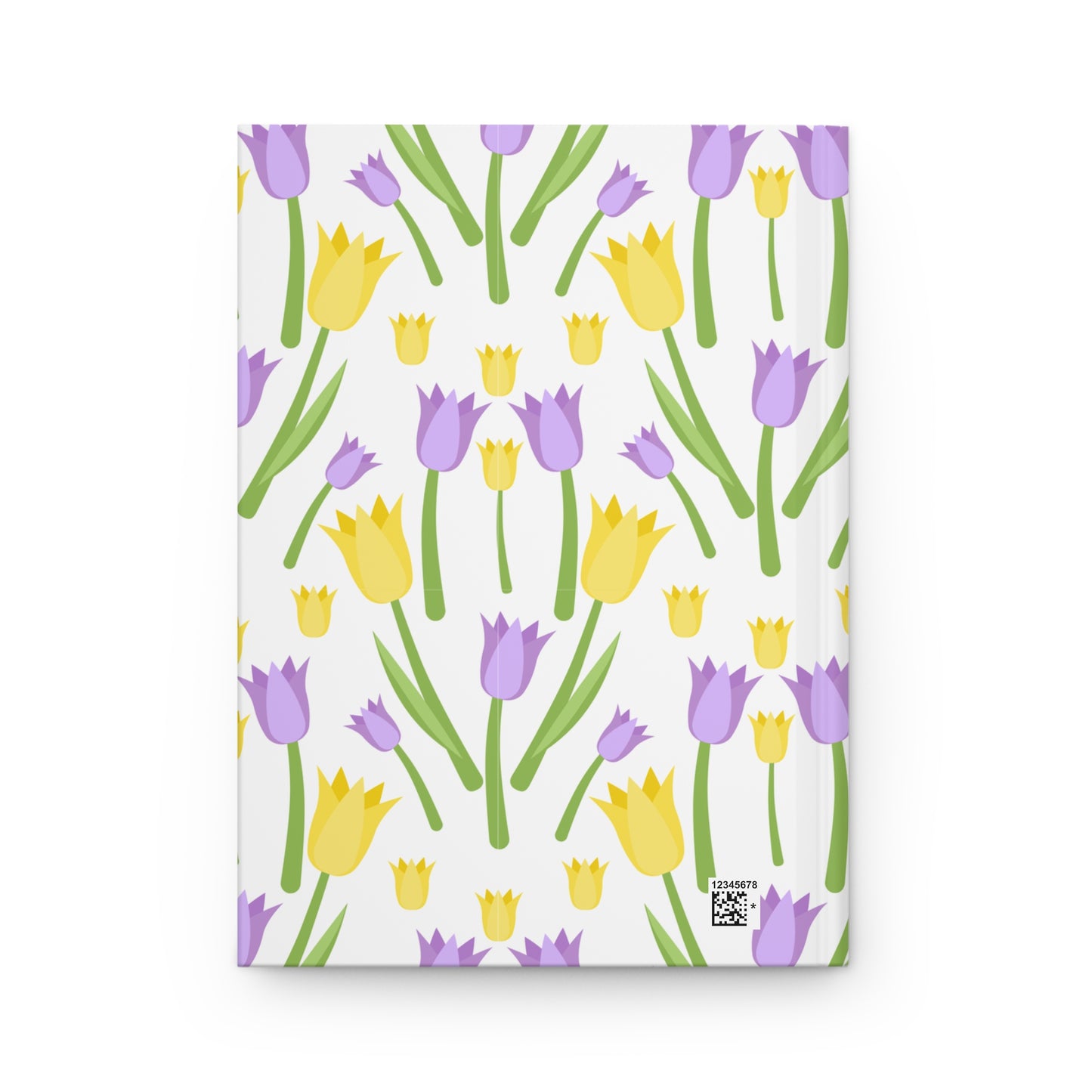 Hardcover journal with a repeating yellow and lavender tulip pattern on a white background.