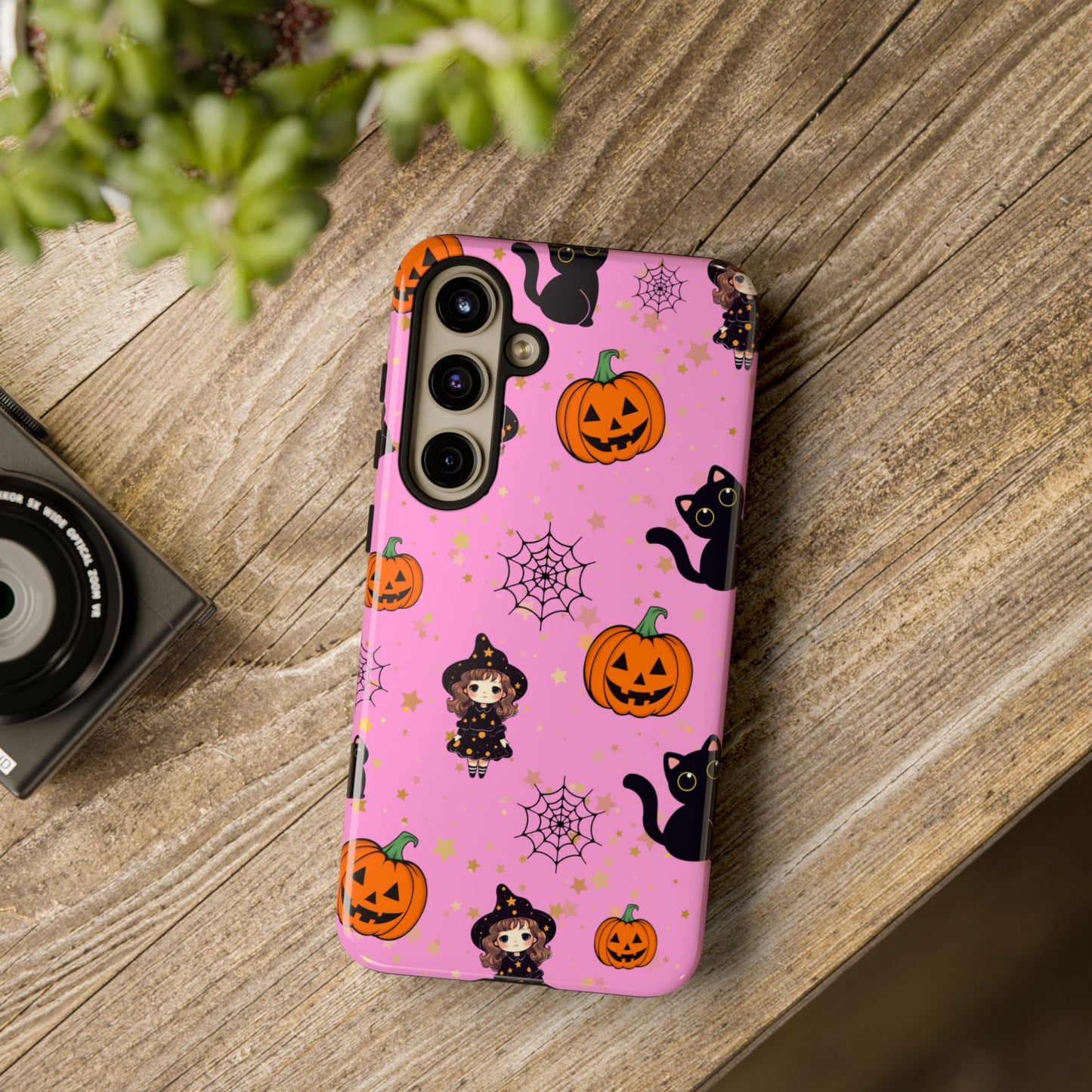 Pink Halloween Phone Case, Cute Witch and Cat Design, Spooky Fall Decor, Perfect Halloween Gift, Cute Cell Phone Case, Fun Pumpkin Design