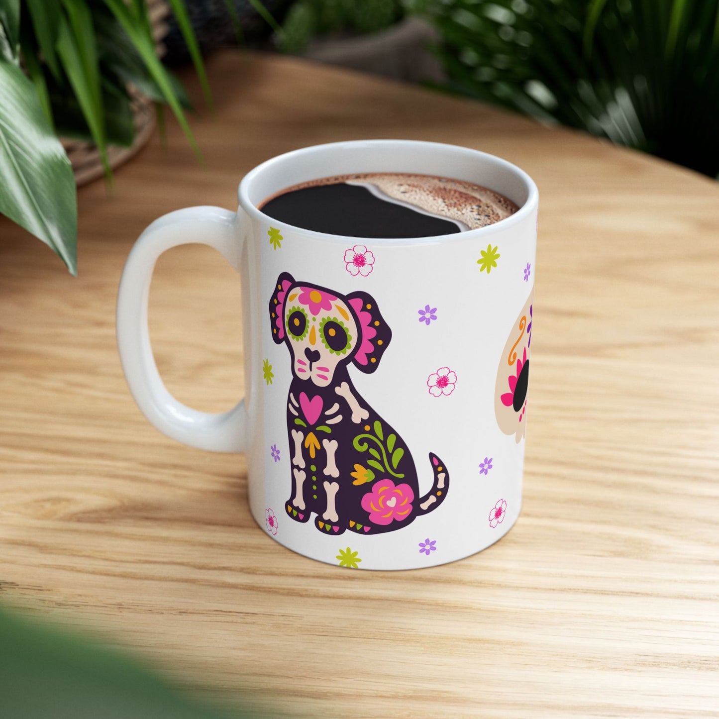Colorful Day of the Dead Ceramic Mug, Halloween Gift, Sugar Skull Cup, Dog Lover's Mug, Festive Coffee Tea Cup