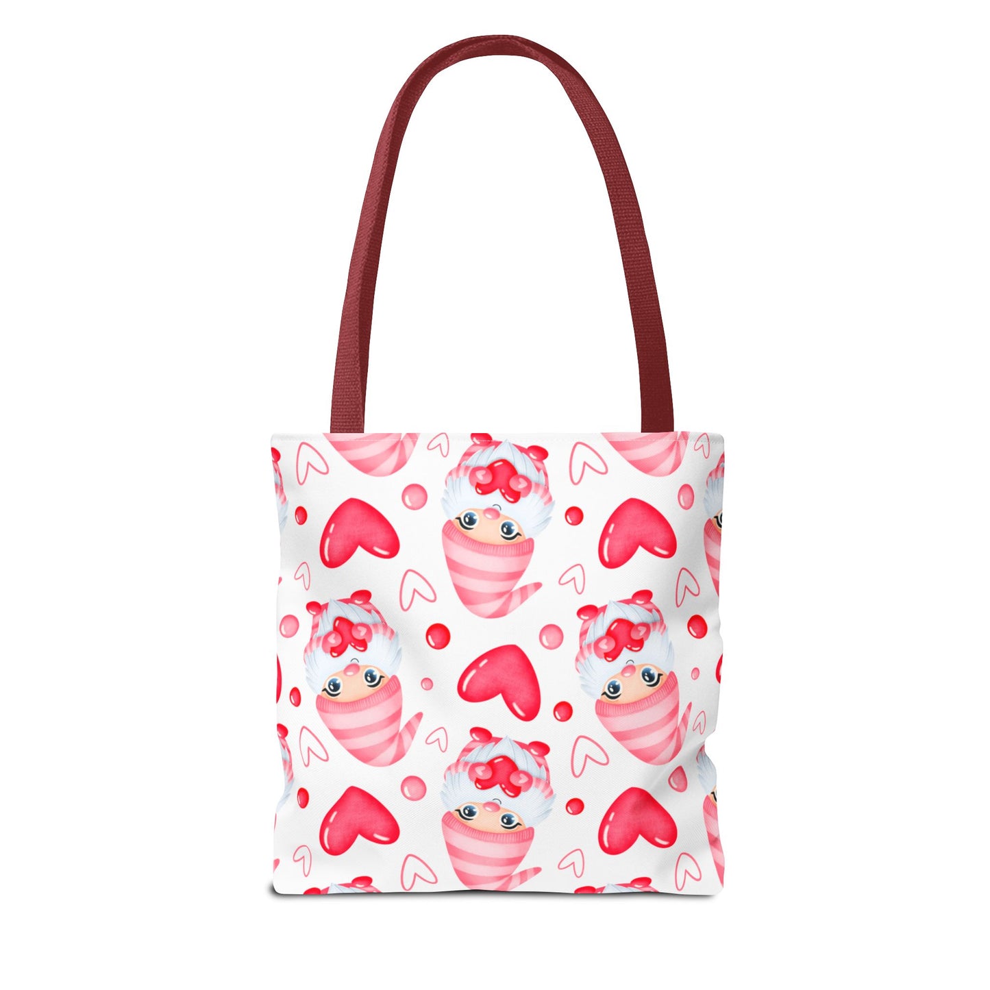 Cute Pink Gnome Tote Bag, Reusable Heart Grocery Bag, Love Themed Purse, AOP Shopping Tote, Valentine's Gift Idea