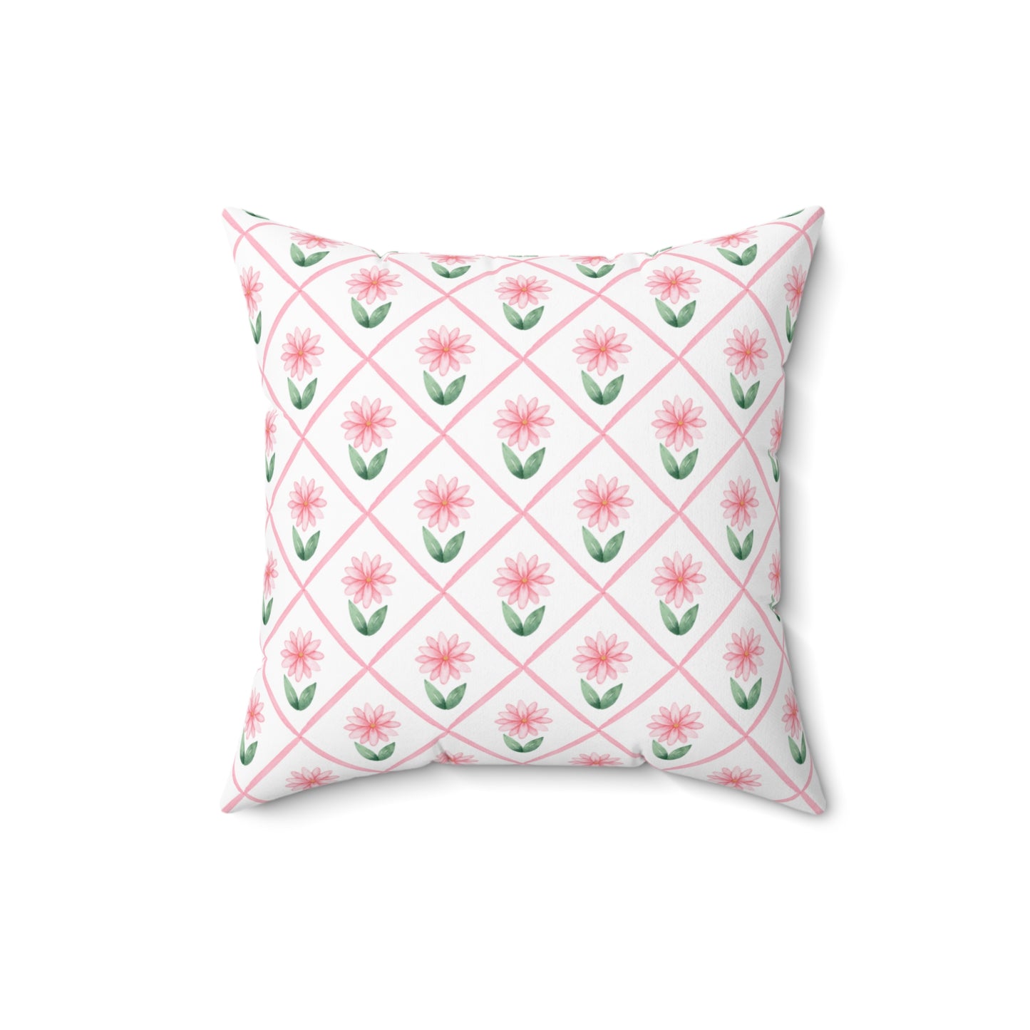 A square throw pillow with a pink daisy lattice pattern on a white background, shown against a plain white backdrop.