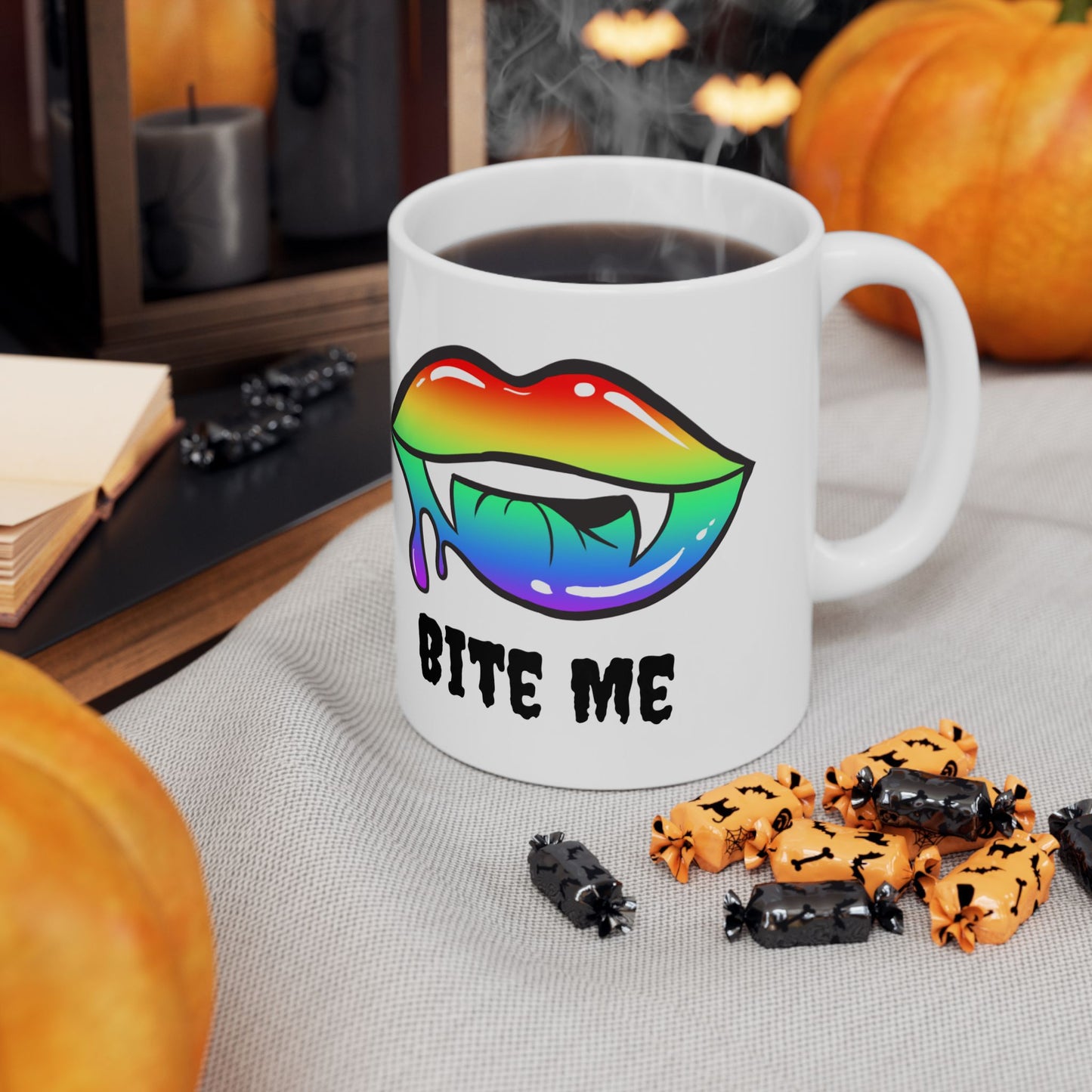 Colorful Vampire Fangs Ceramic Mug, Halloween Coffee Cup, Halloween Kitchen Decor, 11oz Mug, 15oz Mug, Spooky Fangs Mug