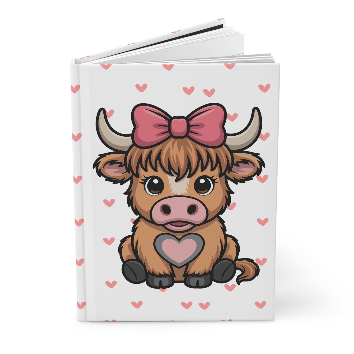 Cute Highland Cow Hardcover Journal – Adorable Notebook with Hearts & Bow Design