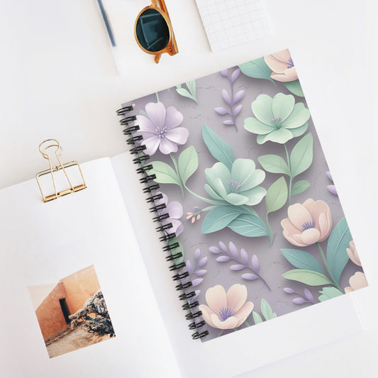 Pastel Floral Spiral Notebook - Ruled Line, Light Purple Planner, Journalling Journal, Cute Flower Notepad, Gift for Her