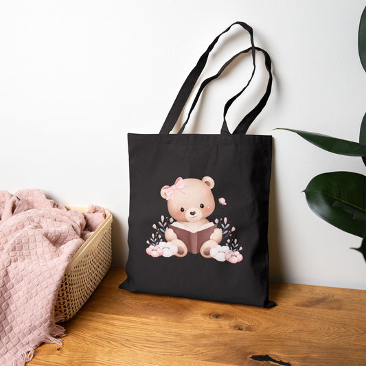 Cute Bear Reading Tote Bag, Eco-Friendly Shopping Bag, Gift for Kids, Animal Lover Tote, Baby Shower Tote, Nursery Decor