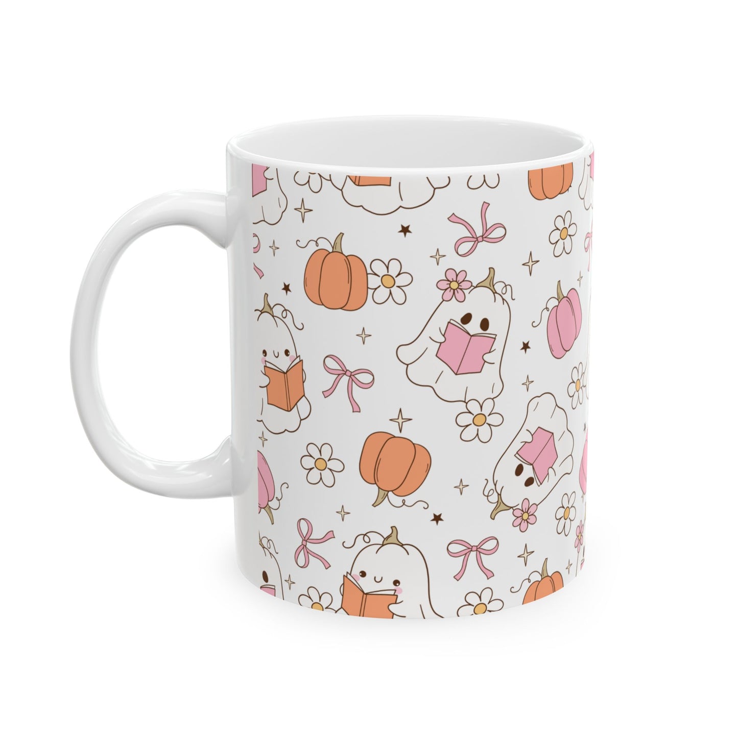Halloween Ghost Pumpkin Pink Ceramic Mug, Trick or Treat Cup, Fall Season Coffee Mug, Halloween Decor, Autumn Tea Cup