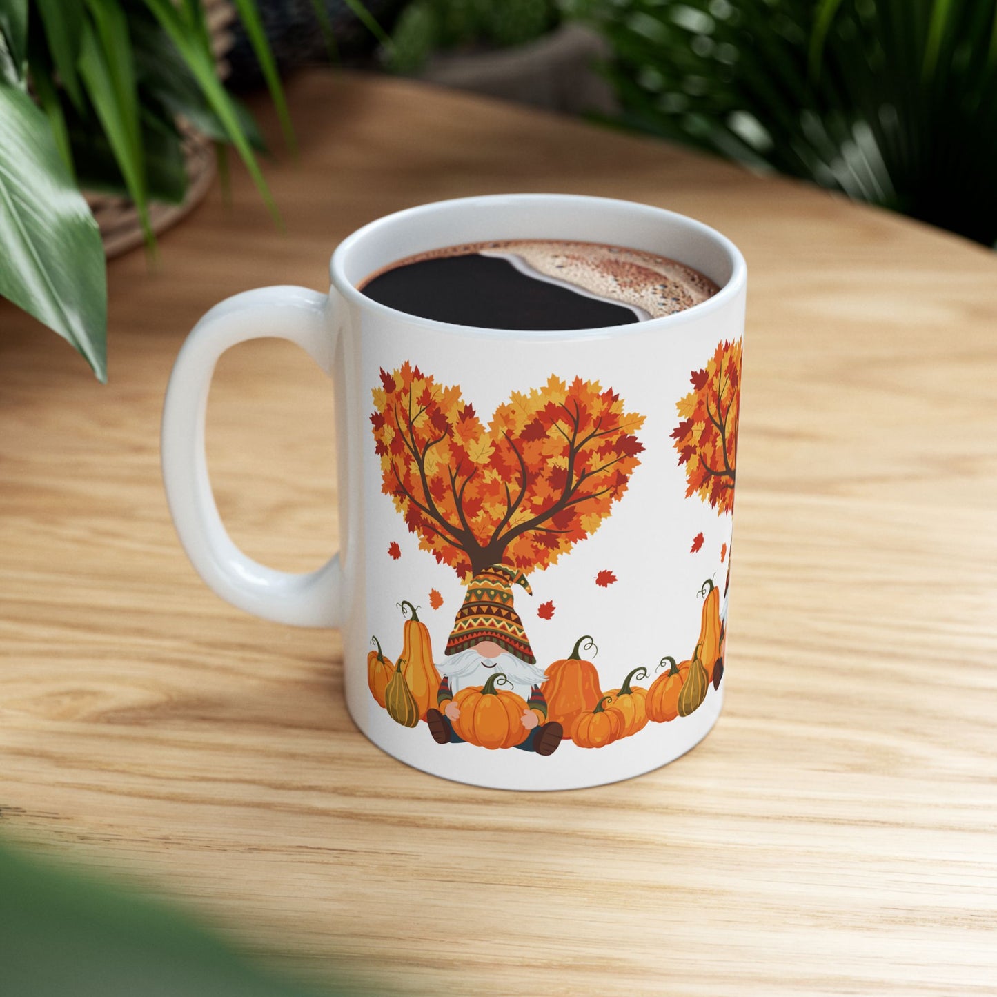 Fall Gnome Pumpkin Mug – Cozy Autumn Coffee Cup with Heart Tree Design, Perfect for Seasonal Sips & Gift Giving