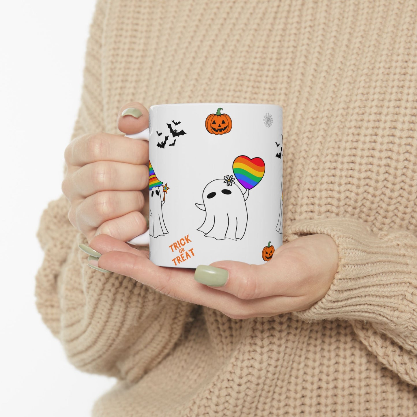 Pride Halloween Ghost Ceramic Mug, LGBTQ Coffee Mug, Rainbow Pride Tea Mug, 11oz, 15oz