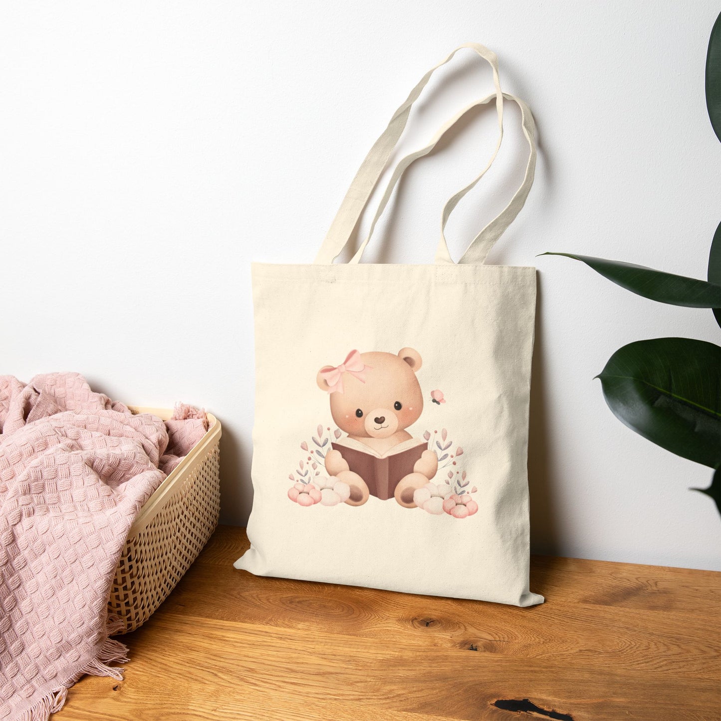 Cute Bear Reading Tote Bag, Eco-Friendly Shopping Bag, Gift for Kids, Animal Lover Tote, Baby Shower Tote, Nursery Decor