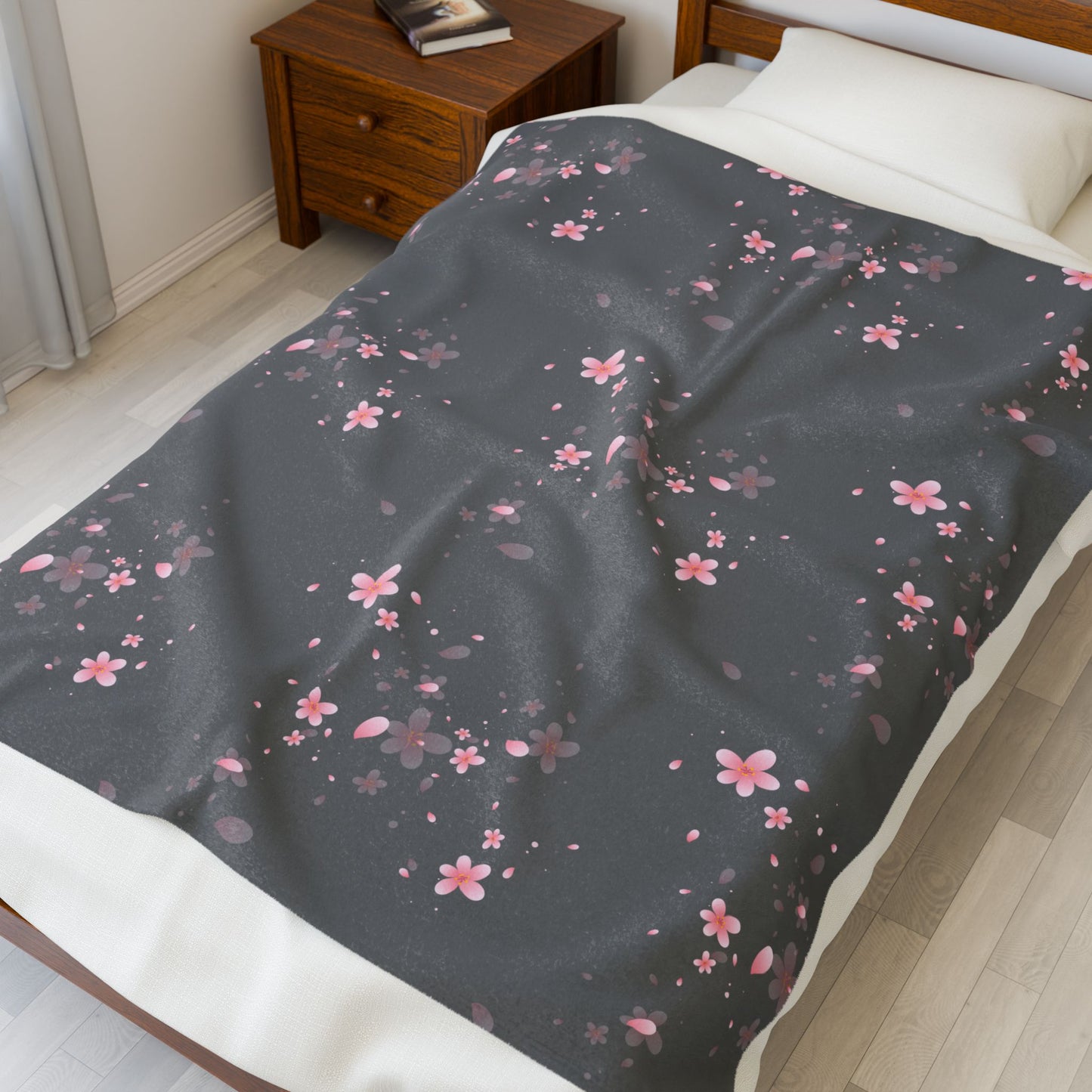 Charcoal Cherry Blossom Floral Plush Blanket - Cozy Blanket for Home Decor