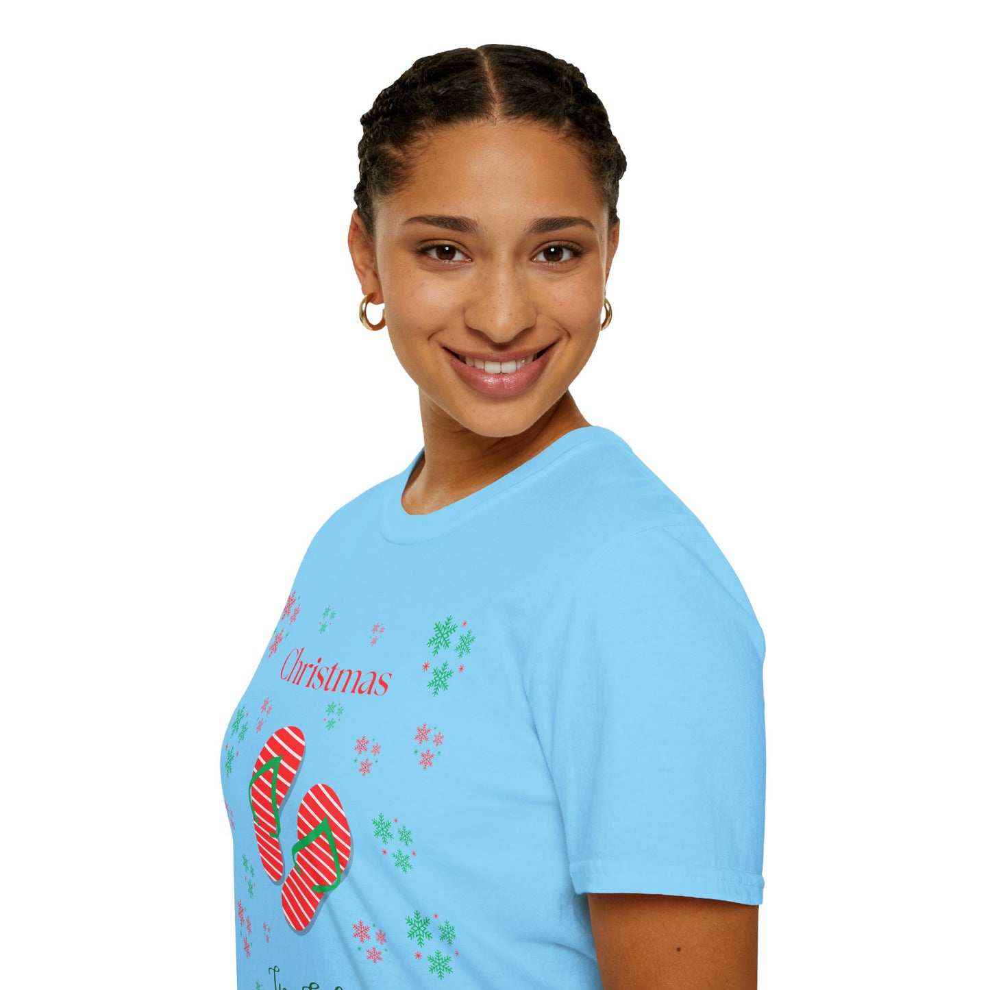 Christmas In July Softstyle T-Shirt, Holiday Apparel, Gift Idea, Summer Vibes, Casual Wear, Holiday Flip Flops