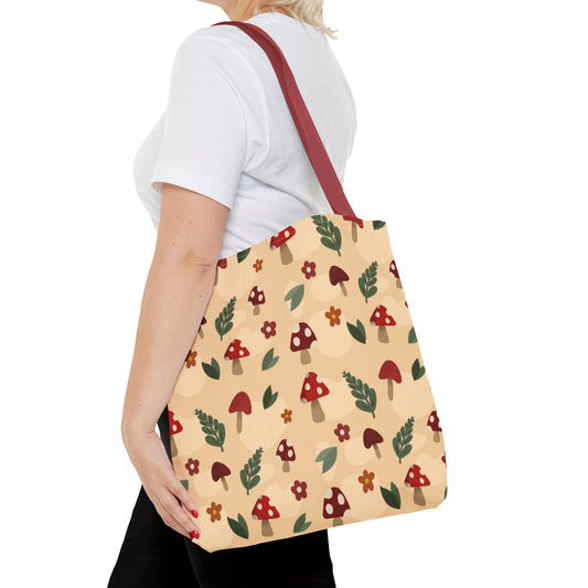 Mushroom Tote Bag, All Over Print Leaf Tote, Cute Woodland Cottagecore Bag, Reusable Grocery Market Gift