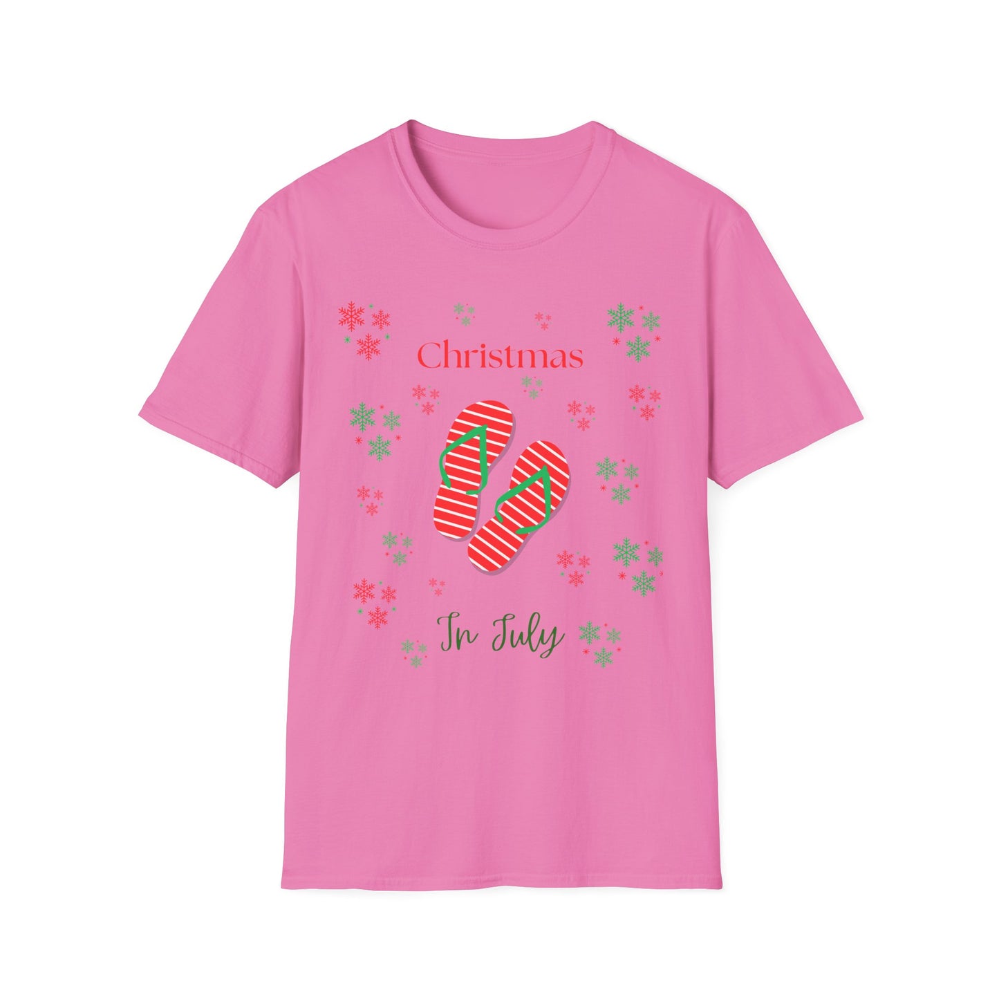 Christmas In July Softstyle T-Shirt, Holiday Apparel, Gift Idea, Summer Vibes, Casual Wear, Holiday Flip Flops