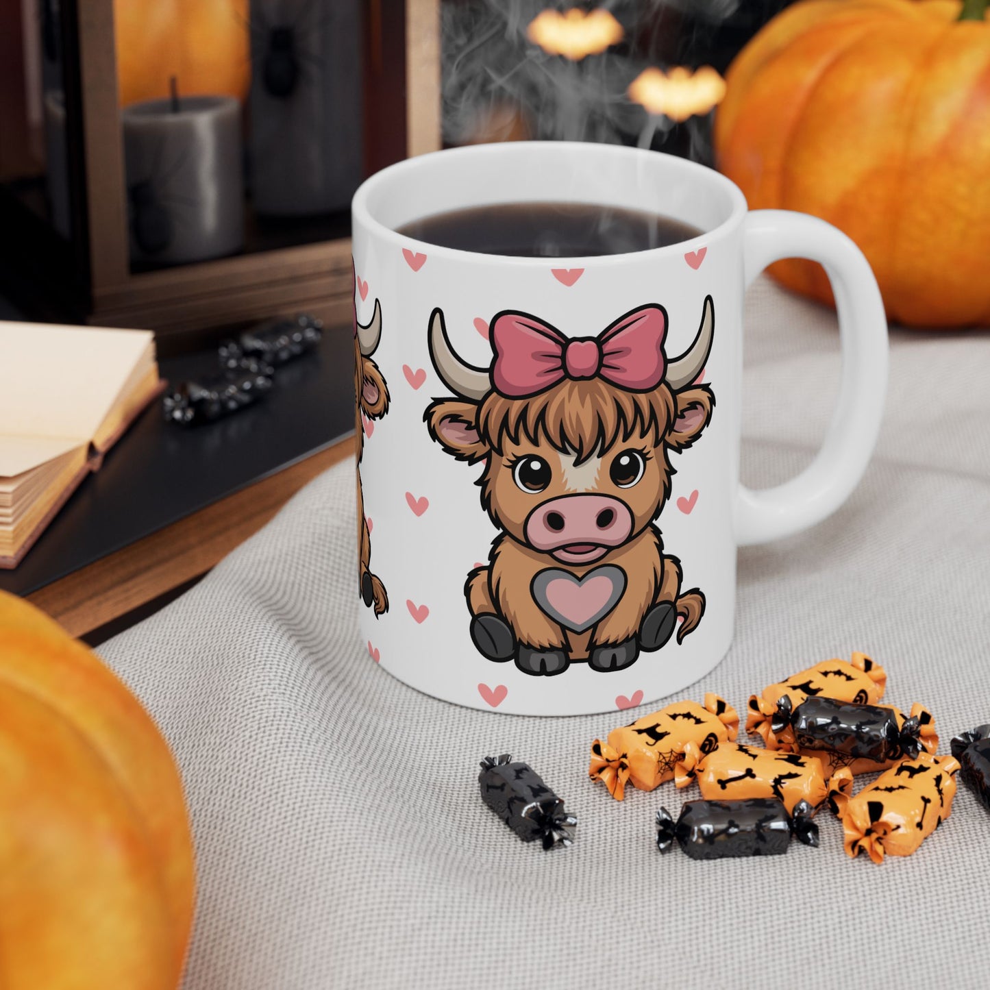 Cute Highland Cow Ceramic Mug – Adorable 11oz Coffee Cup with Hearts & Bow Design