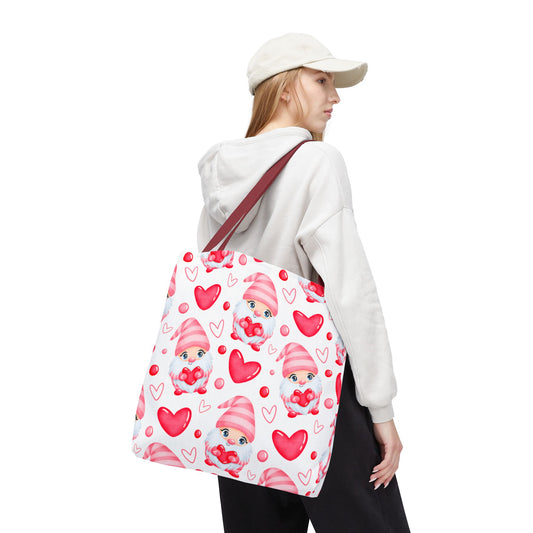 Cute Pink Gnome Tote Bag, Reusable Heart Grocery Bag, Love Themed Purse, AOP Shopping Tote, Valentine's Gift Idea