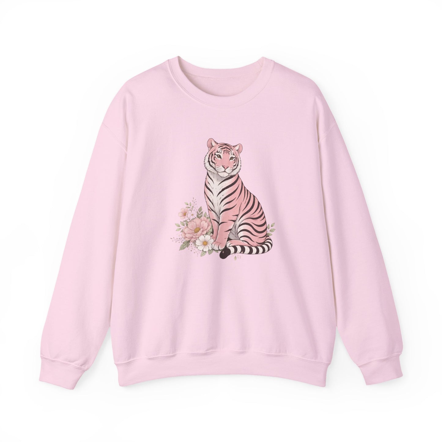 A cozy unisex sweatshirt featuring a pink tiger sitting among pastel flowers