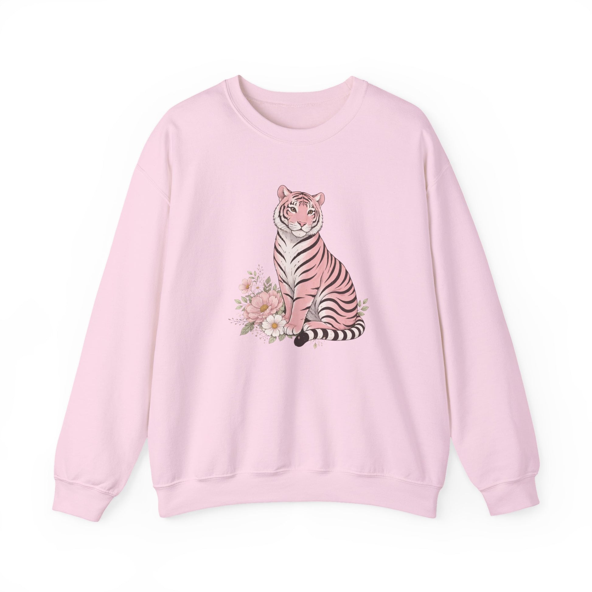 A cozy unisex sweatshirt featuring a pink tiger sitting among pastel flowers