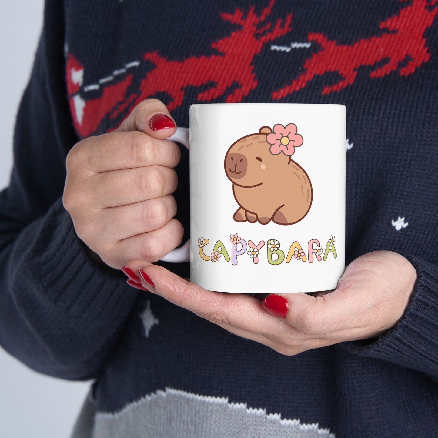 Cute Capybara Ceramic Mug with Floral Design