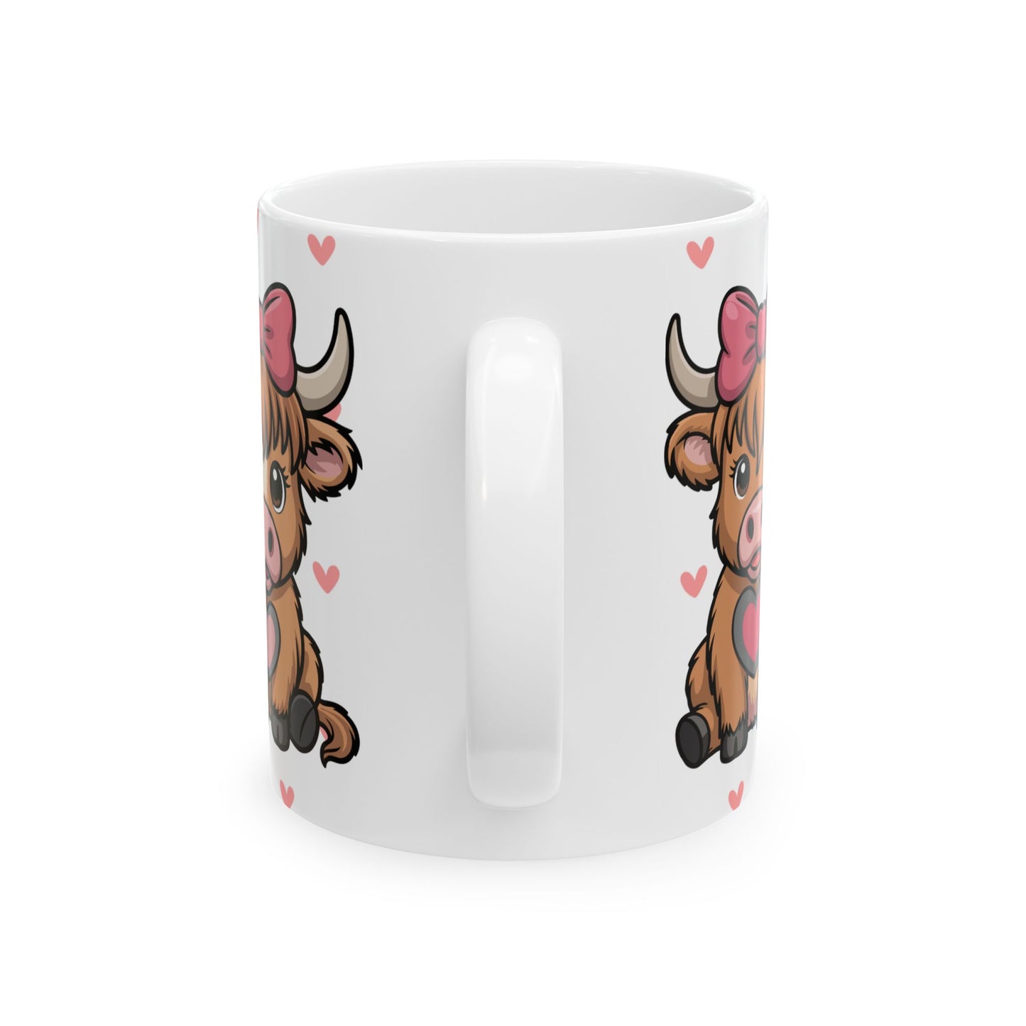 Cute Highland Cow Ceramic Mug – Adorable 11oz Coffee Cup with Hearts & Bow Design