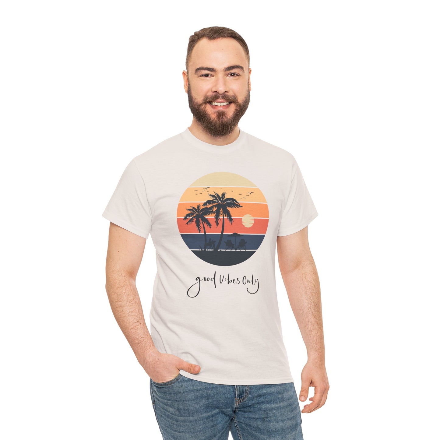 T-Shirt with Sunset Palm Graphic, Good Vibes Only Tee, Relaxed Style, Beachwear Inspiration, Summer Outfits, Vacation Casual