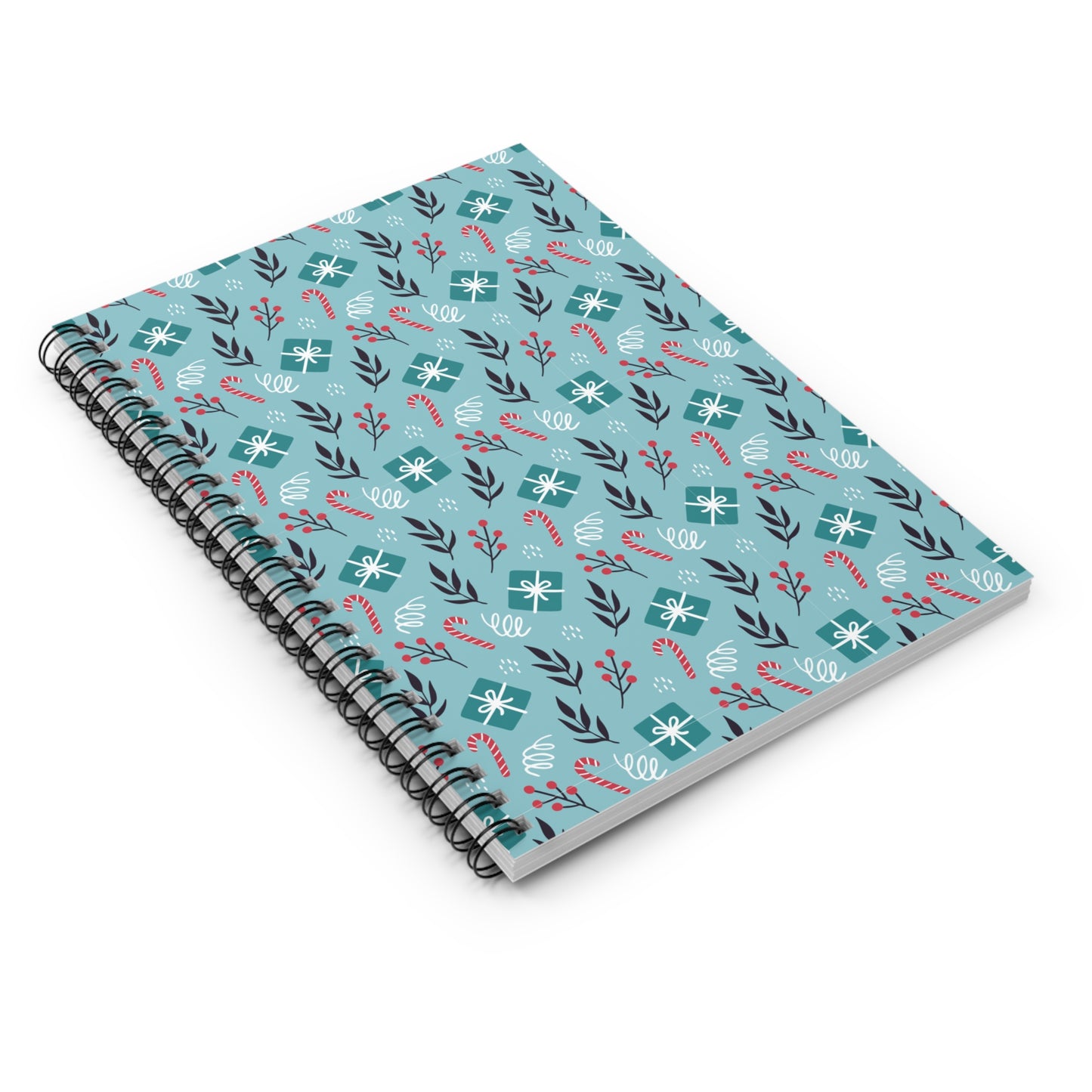 Holiday Gift Pattern Spiral Notebook – Teal Christmas Candy Cane & Berry Design