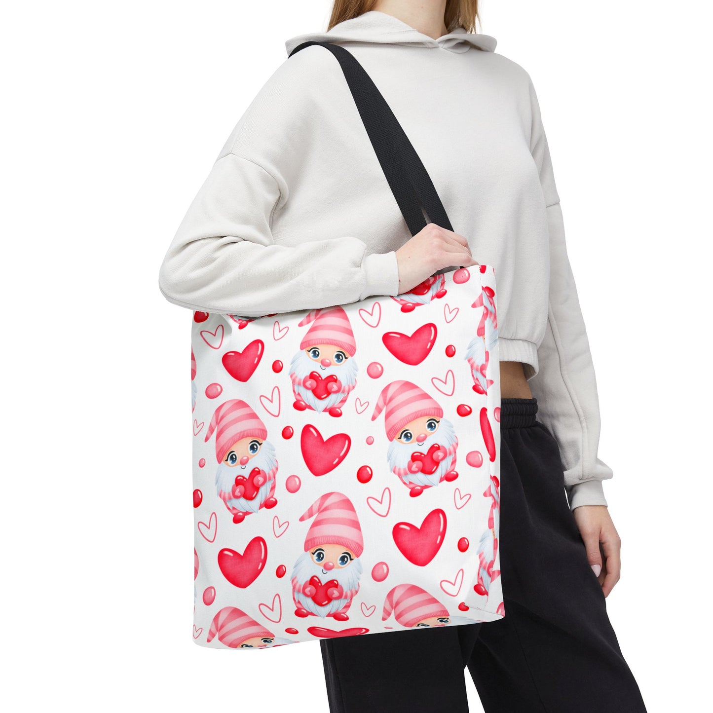 Cute Pink Gnome Tote Bag, Reusable Heart Grocery Bag, Love Themed Purse, AOP Shopping Tote, Valentine's Gift Idea