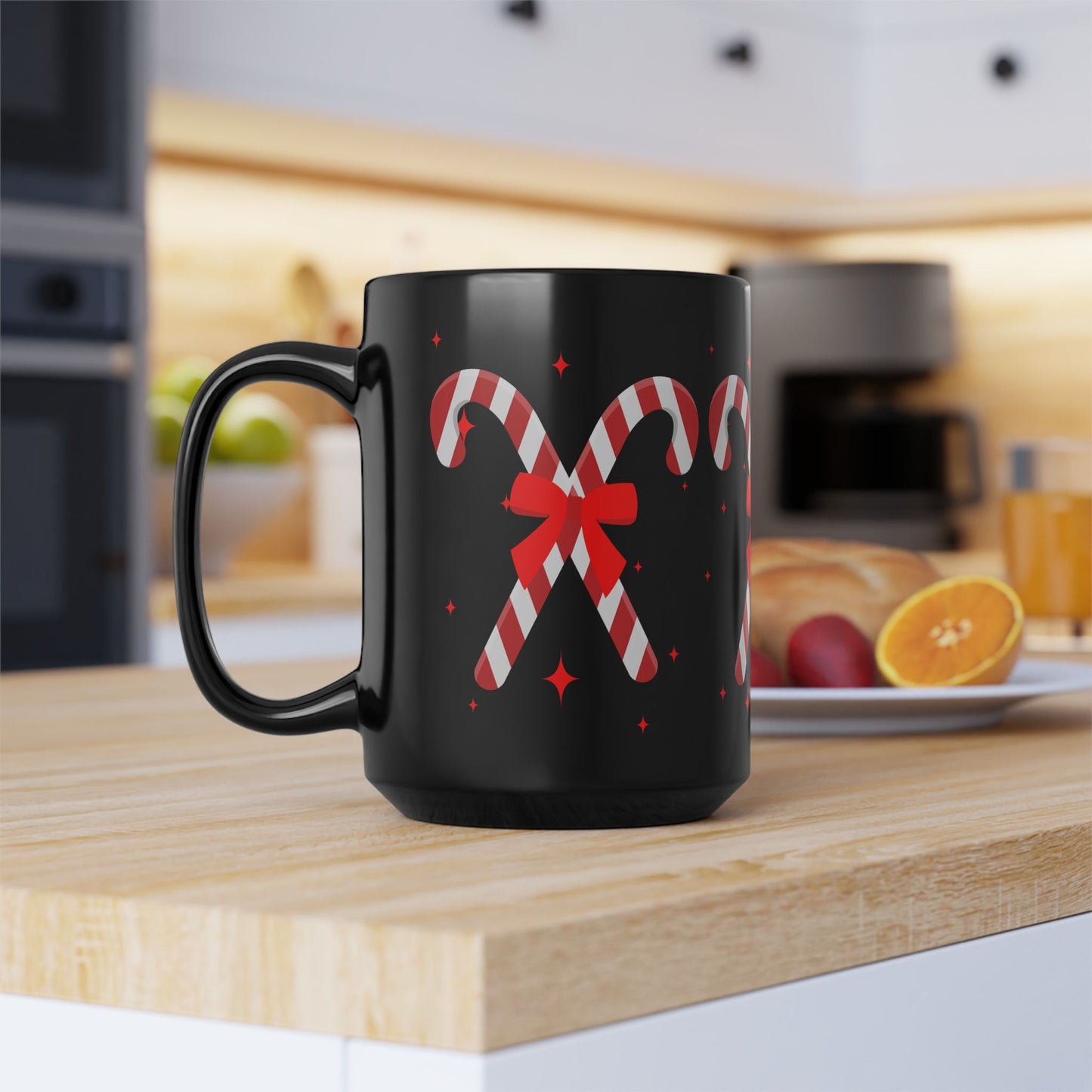 Candy Cane Black Ceramic Mug – Festive Christmas Coffee Cup with Red Bow Design