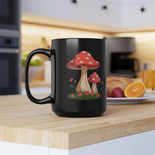Cottagecore Mushroom Mug, Whimsical Black Ceramic Mug, Forest Aesthetic Cup, Nature Lover Gift, Cozy Woodland Kitchen Decor