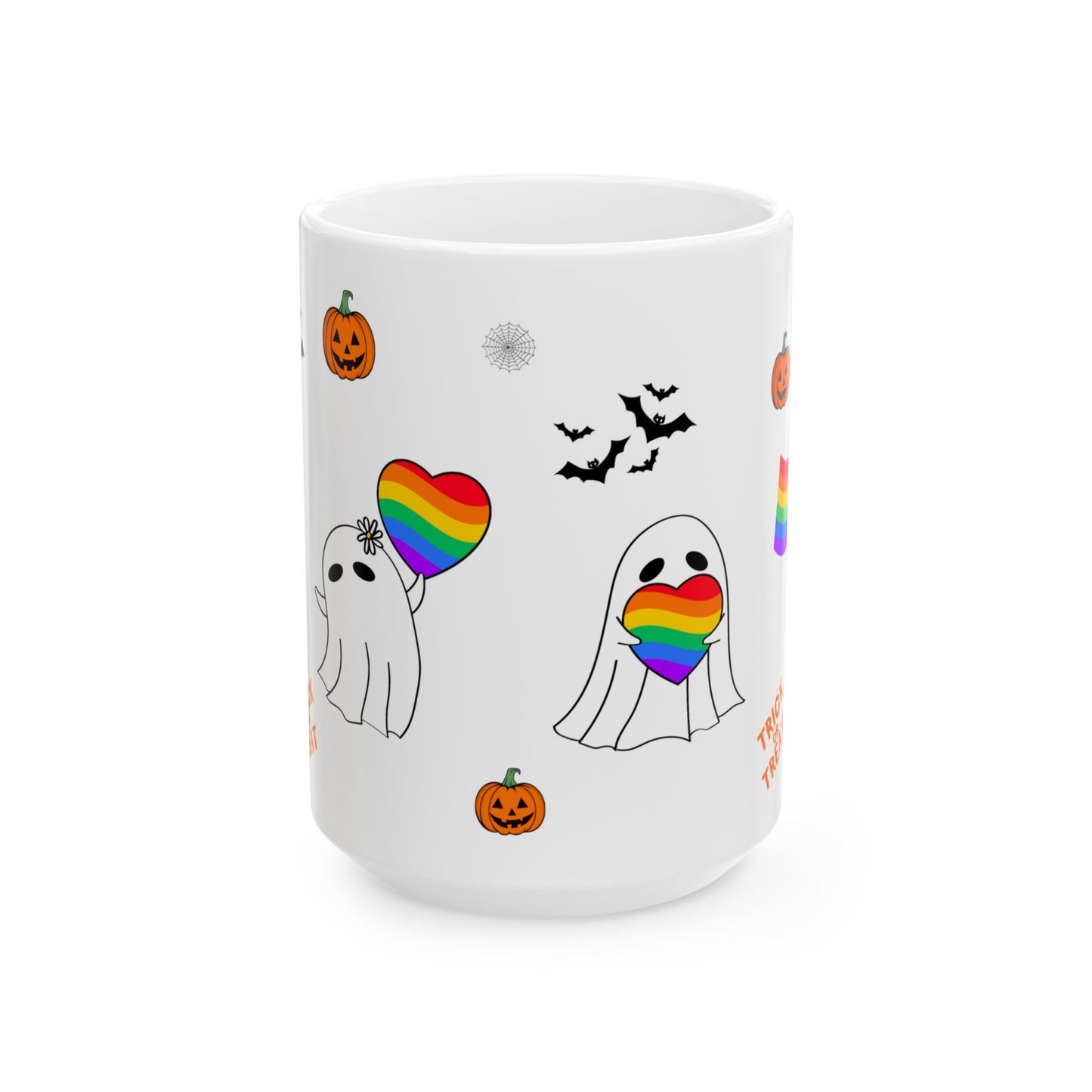 Pride Halloween Ghost Ceramic Mug, LGBTQ Coffee Mug, Rainbow Pride Tea Mug, 11oz, 15oz