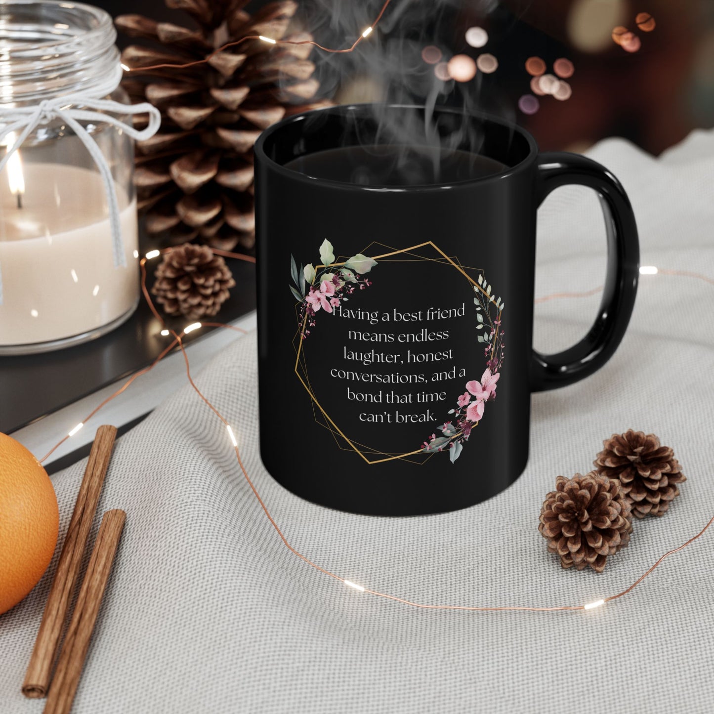 Best Friend Floral Black Mug - Inspirational Gift for Friends, Coffee Tea Lovers, Birthday, Friendship Celebrations, Motivational