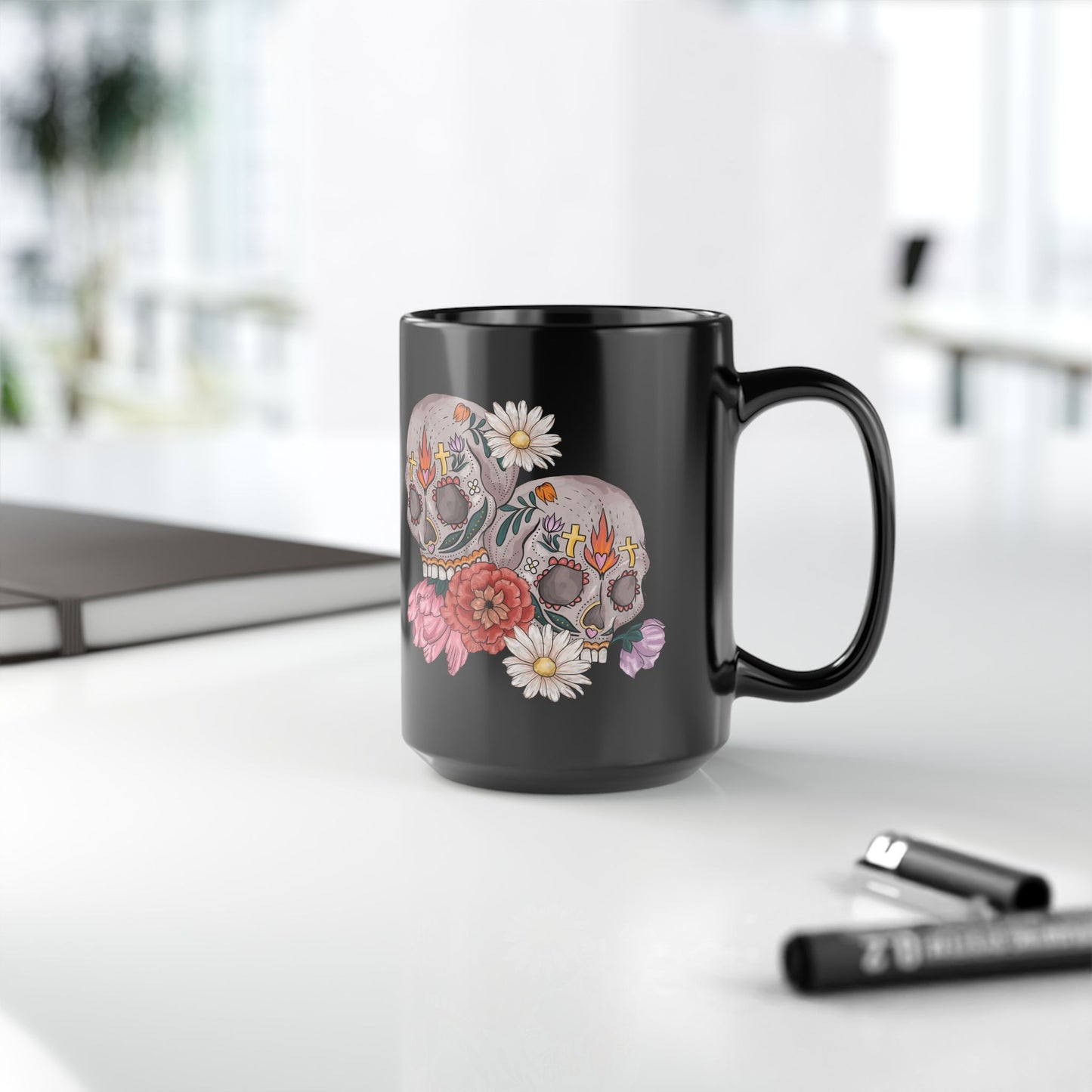 Artistic Sugar Skull Floral Mug - Perfect for Coffee Lovers, Gift for Halloween, Day of the Dead, Home Decor, Unique Art Mug