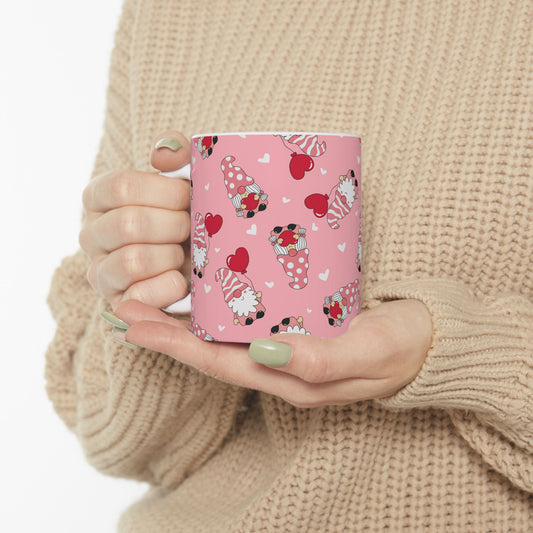 Valentine Gnome Mug, Pink Heart Mug for Her, Cute Gnome Coffee Cup, Romantic Gift for Girlfriend, Whimsical Valentine's Day Mug