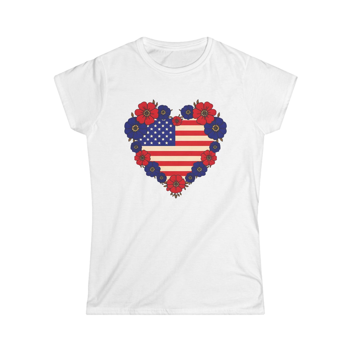 Patriotic Floral Heart Tee | Women's Softstyle USA Flag T-Shirt for Independence Day, Memorial Day, Summer Barbecues