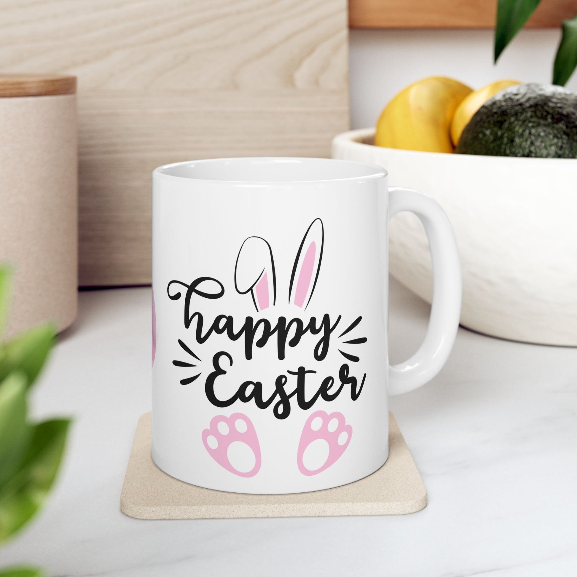 Adorable Happy Easter bunny mug with cute ears & paw prints.