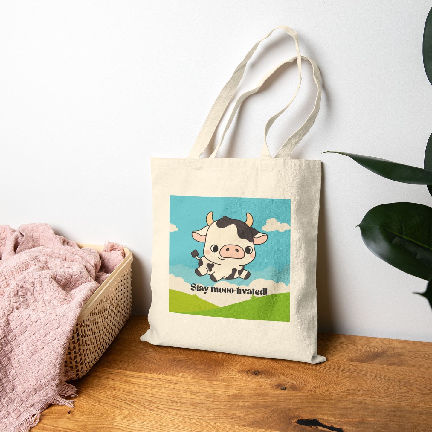 Cute Cow Tote Bag - Stay Moo-tivated, Canvas Shopping Bag, Farm Animal Lover Gift, Eco-Friendly Grocery Bag, Fun Beach Tote, Unique Gift