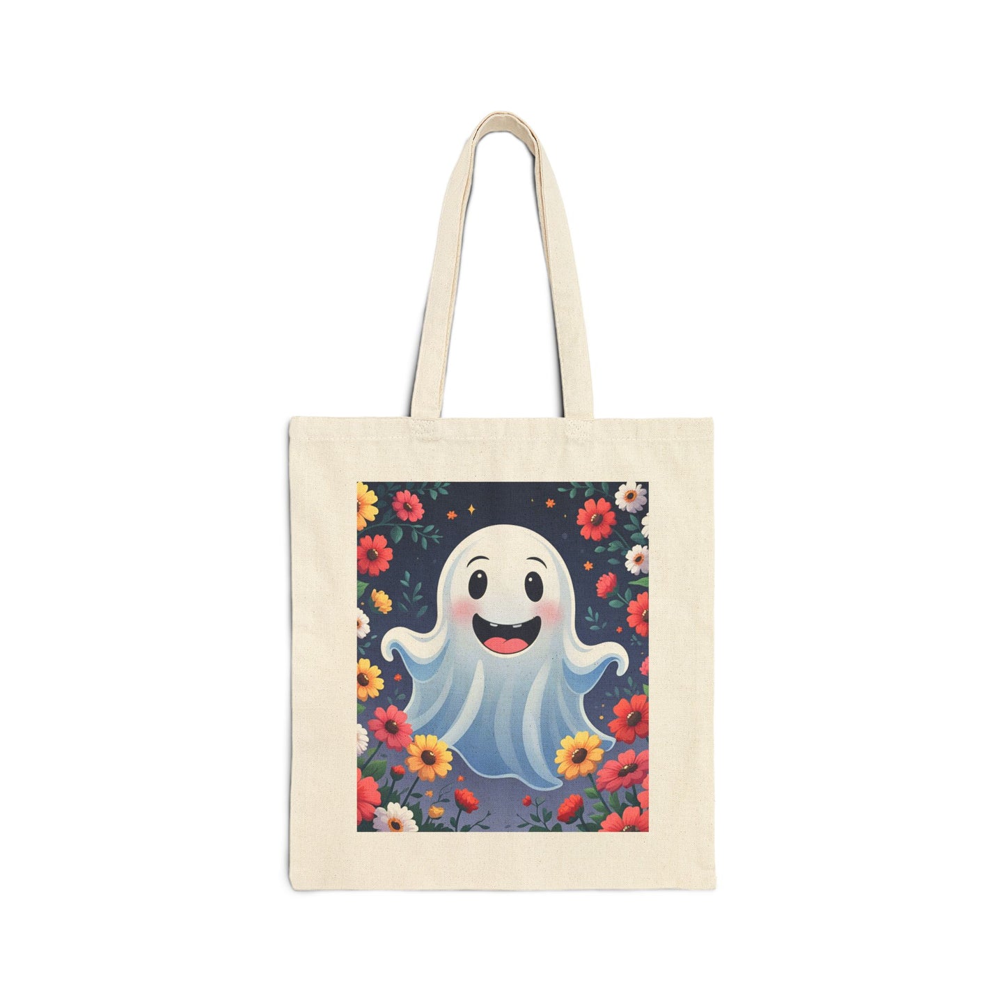 Floral Ghost Cotton Canvas Tote Bag, Eco-Friendly Shopping Tote, Halloween Gift, Beach Bag, Reusable Grocery Bag
