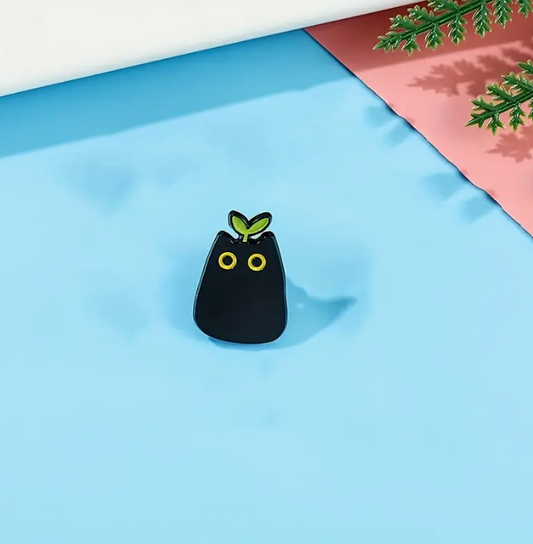 Black Cat with Plant Enamel Pin