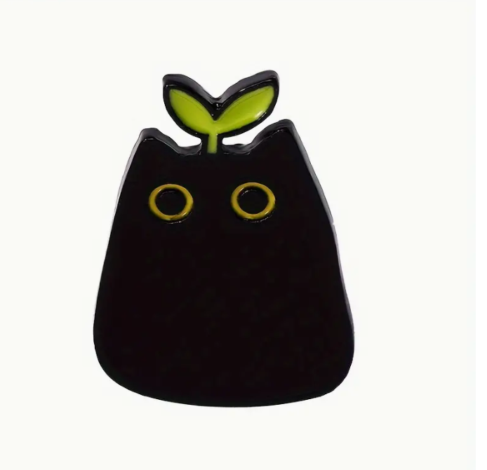 Black Cat with Plant Enamel Pin