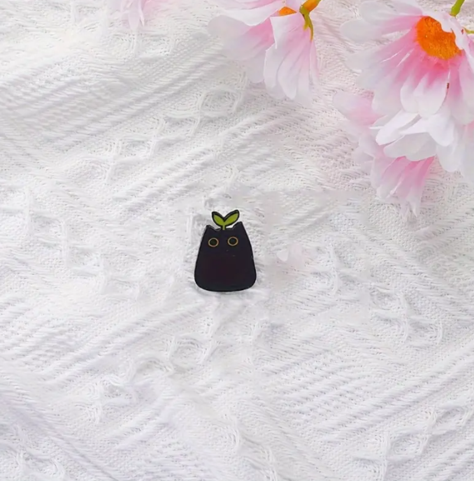 Black Cat with Plant Enamel Pin