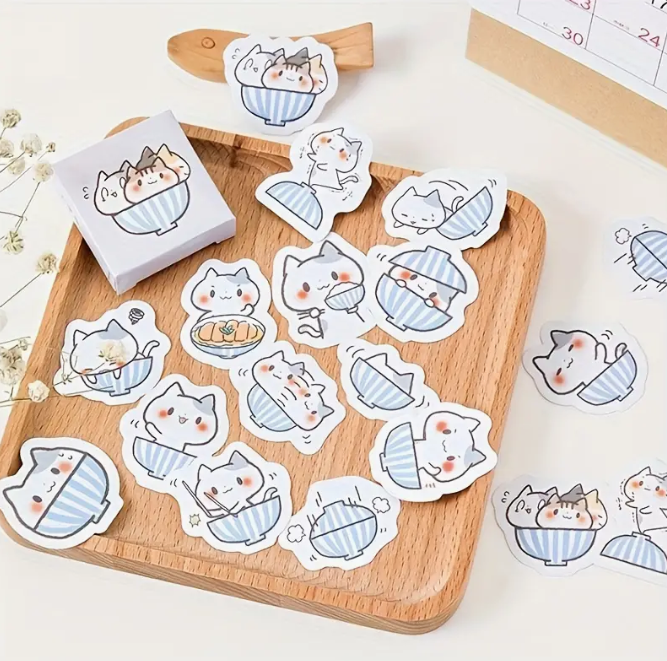 Mini Cartoon Cats in a Bowl Sticker Pack