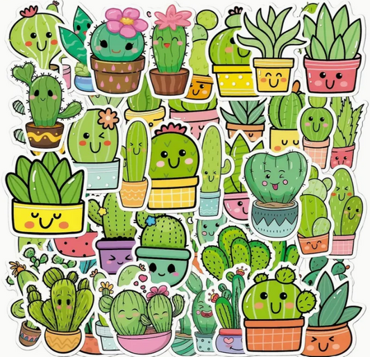 Cartoon Cactus Large Waterproof Vinyl Sticker Pack