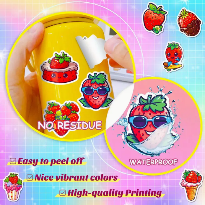 Waterproof Vinyl Cartoon Strawberry Stickers